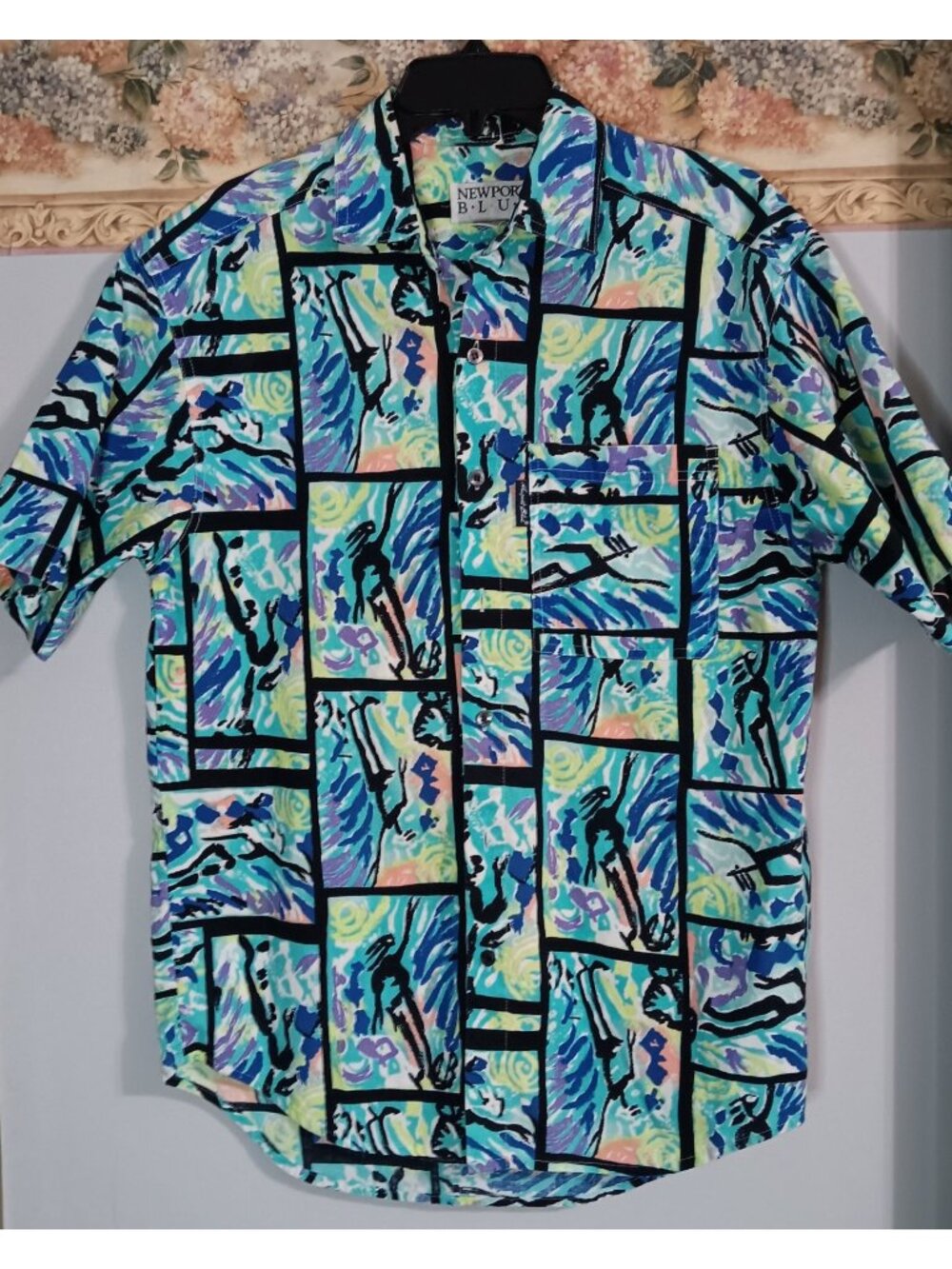 Newport Blue Small Colorful Art to Wear Vintage Retro Statement 90s Shirt